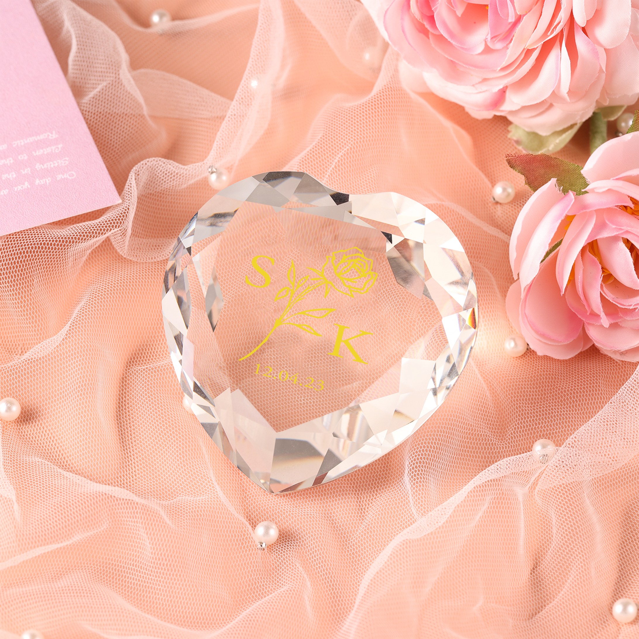 Décoration Cristal Cœur 2 Lettres Personnalisées avec Date pour Couple