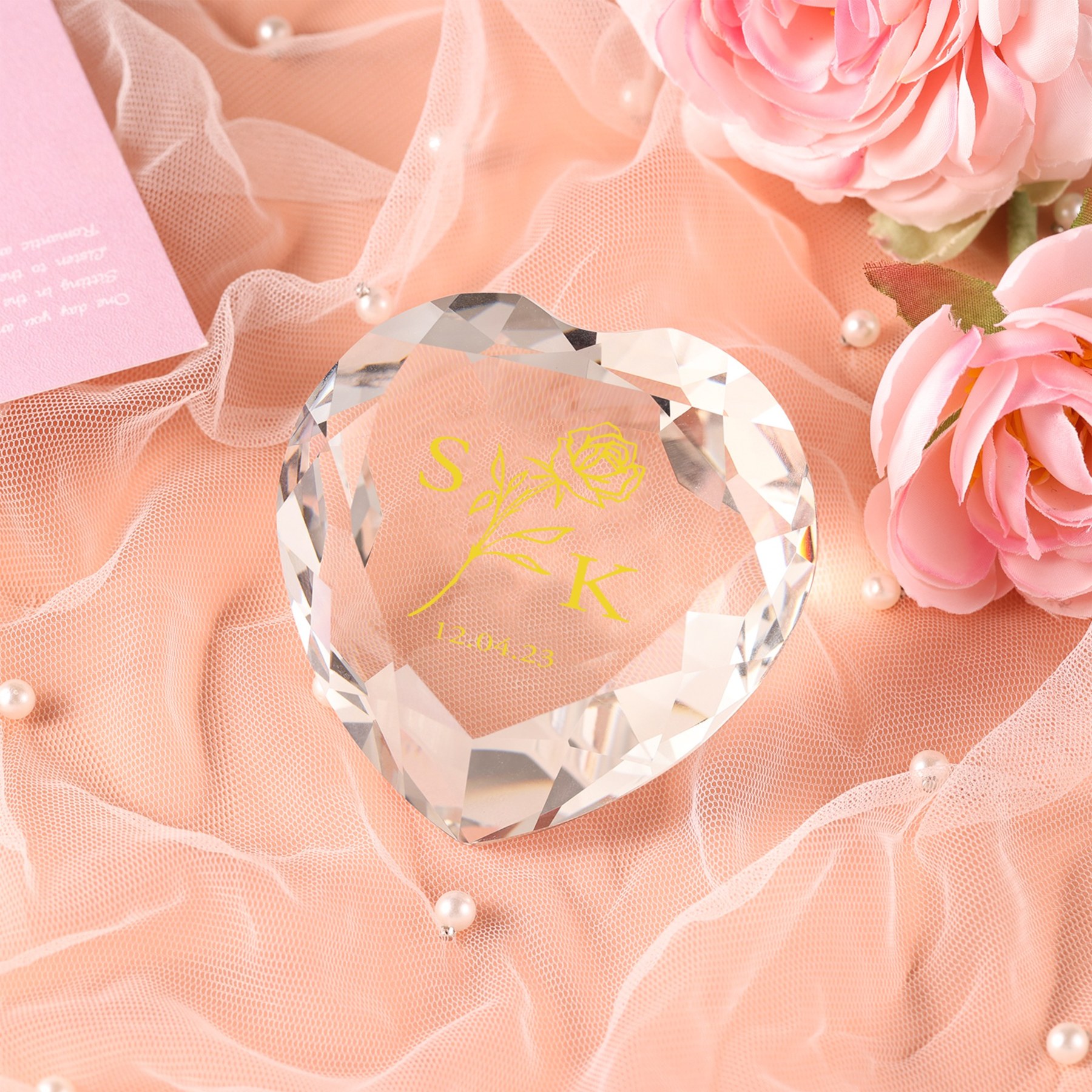 Décoration Cristal Cœur 2 Lettres Personnalisées avec Date pour Couple