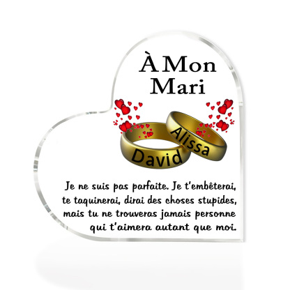 À Mon Mari-Plaque Acrylique en Forme de Cœur 2 Prénoms Personnalisés