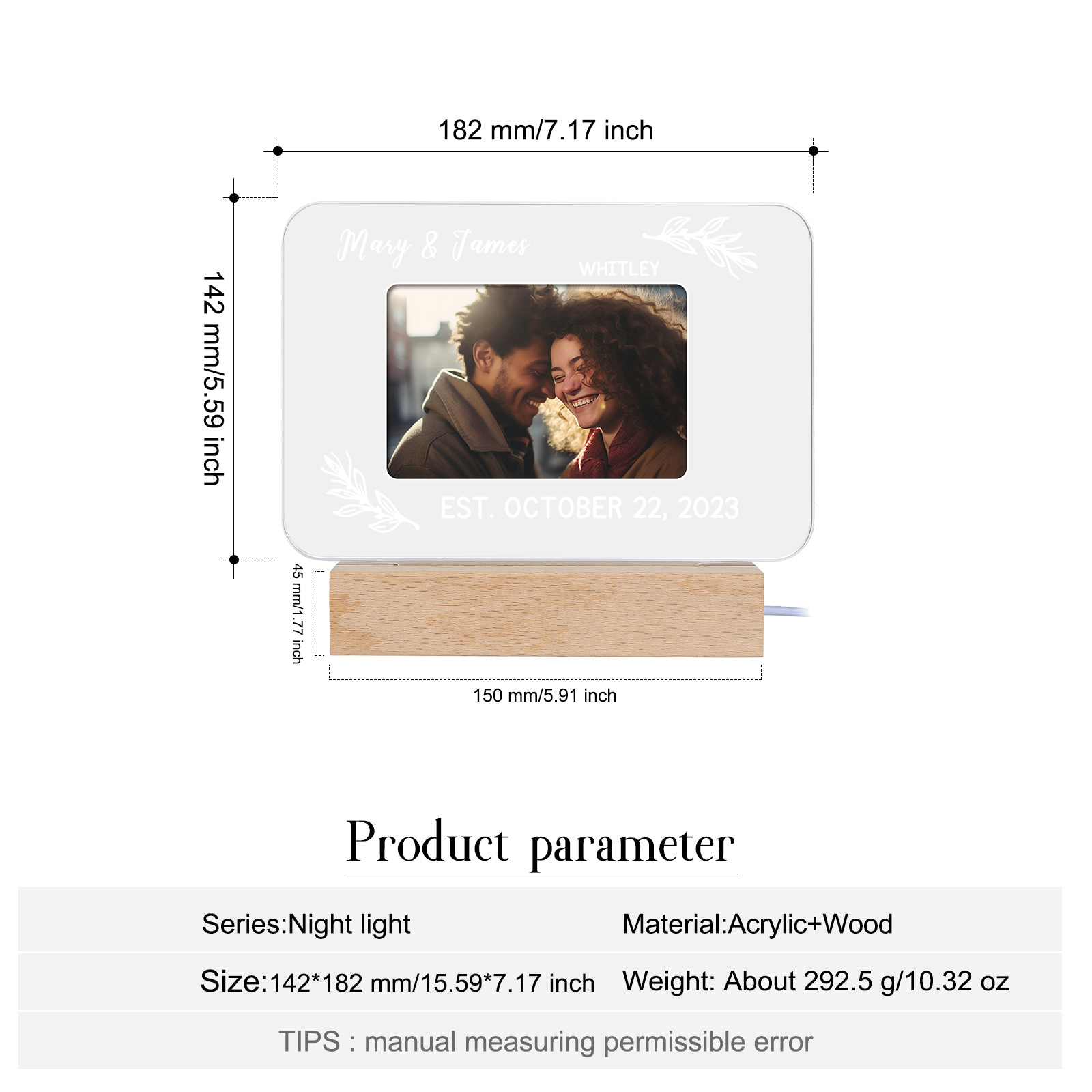 Lampe de chevet LED Lumières 2 Prénoms et 1 Photo Personnalisés avec Texte et Date pour Couple