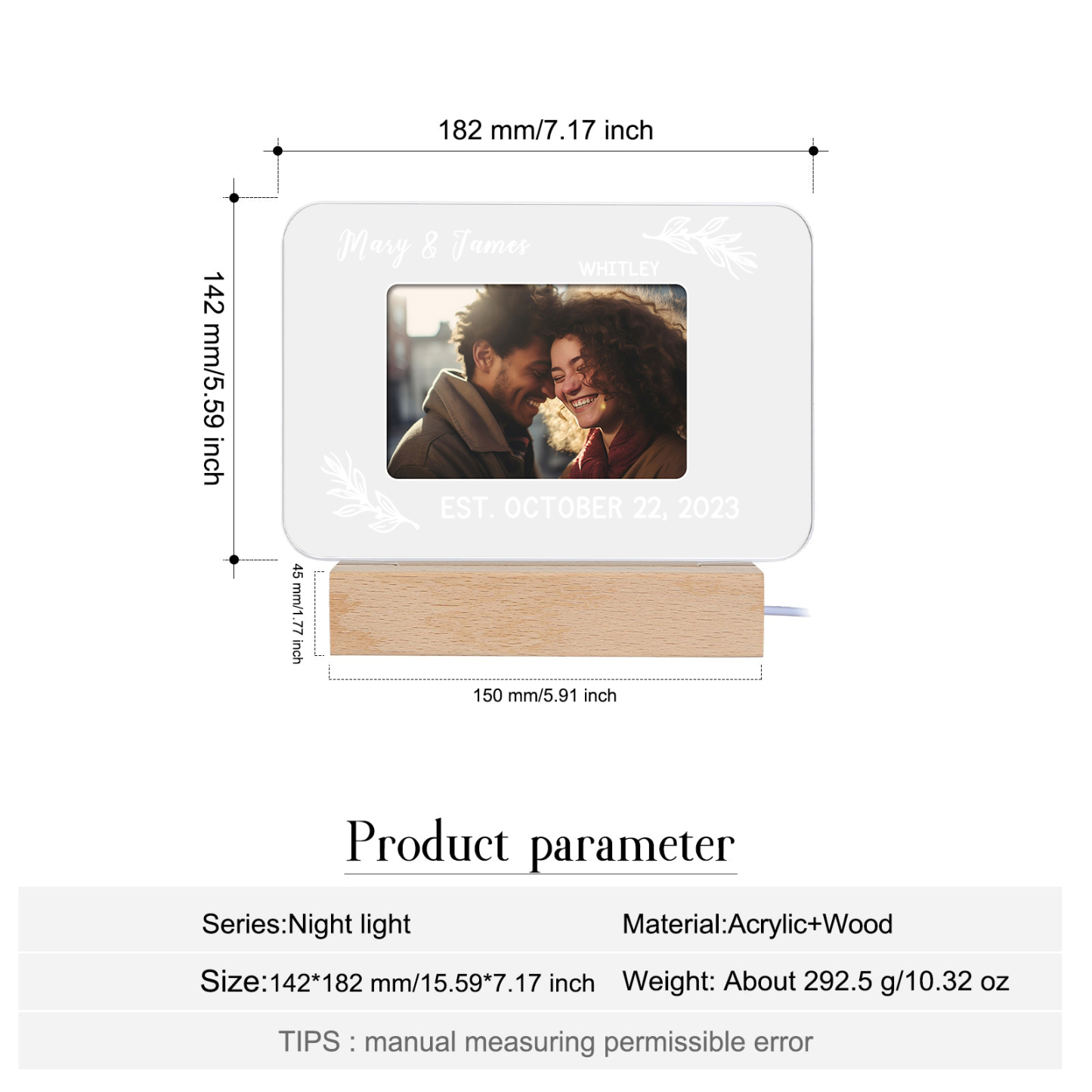 Lampe de chevet LED Lumières 2 Prénoms et 1 Photo Personnalisés avec Texte et Date pour Couple