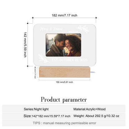 Lampe de chevet LED Lumières 2 Prénoms et 1 Photo Personnalisés avec Texte et Date pour Couple