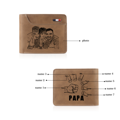 À mon Papa - Portefeuille Poings 7 Prénoms Personnalisés avec Photo Classique Homme Porte-Monnaie Carte