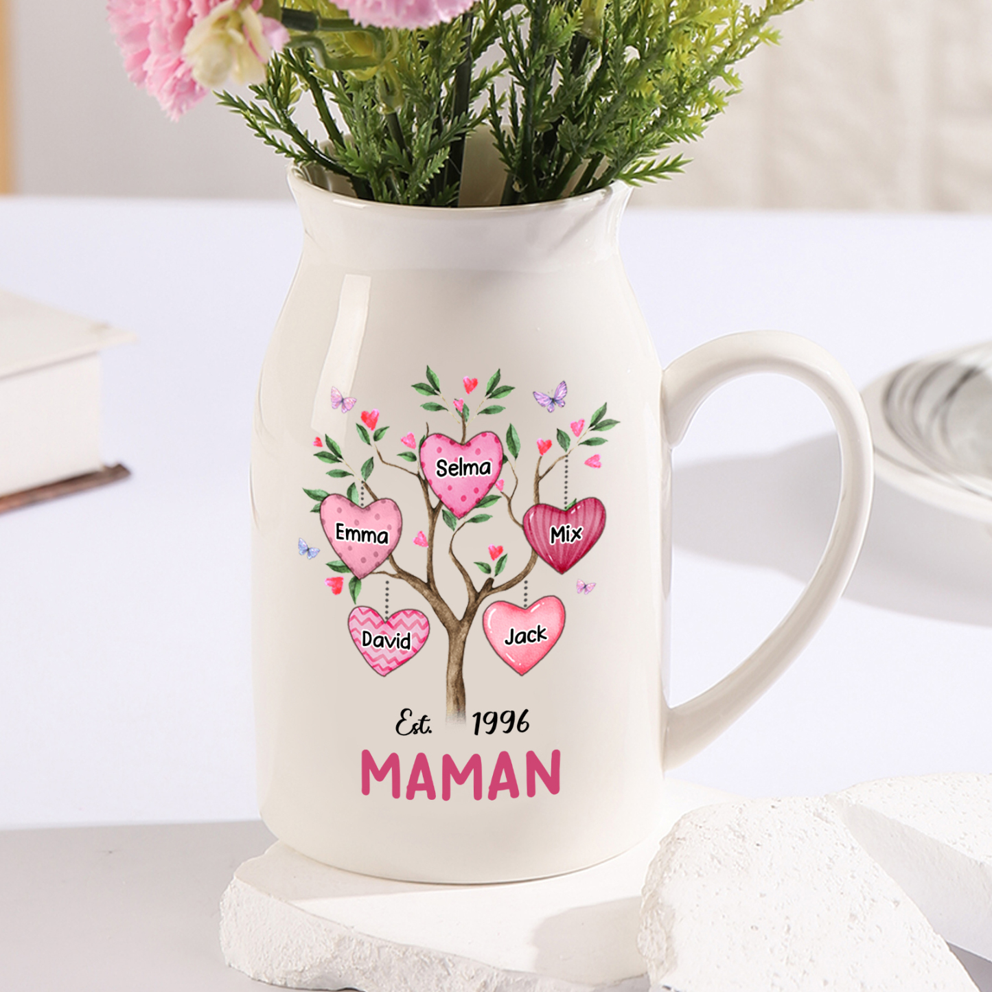 Vase à Fleurs Arbre 5 Prénoms Personnalisés avec Texte et Année Décoration de la Maison
