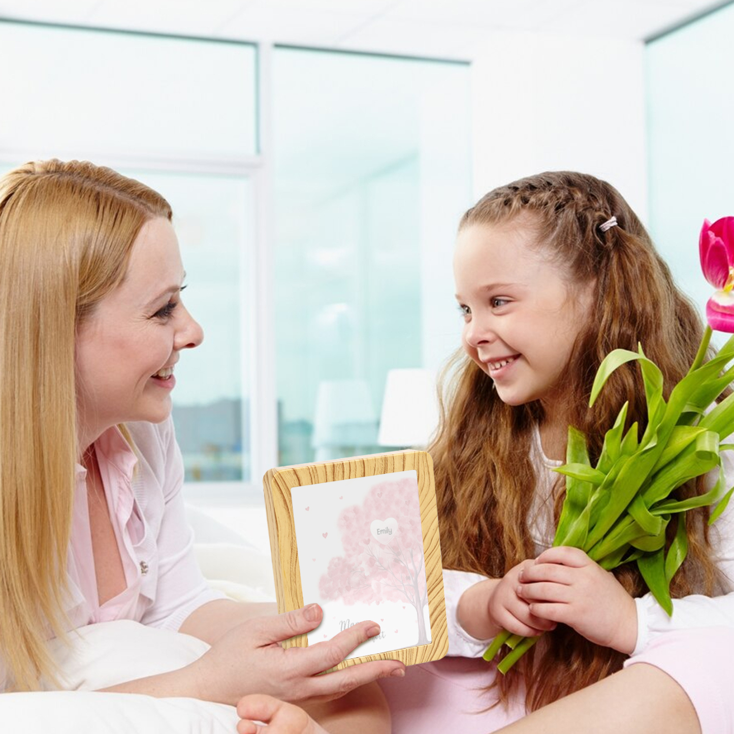 Cadre Photo/Miroir LED Multifonctionnel Arbre 1 Prénom Personnalisé avec Texte pour Famille