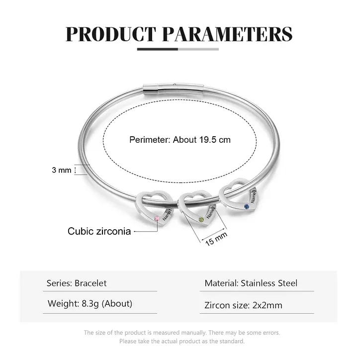 Bracelet Jonc 3 Prénoms Personnalisés avec 3 Pierres de Naissance | Jessemade