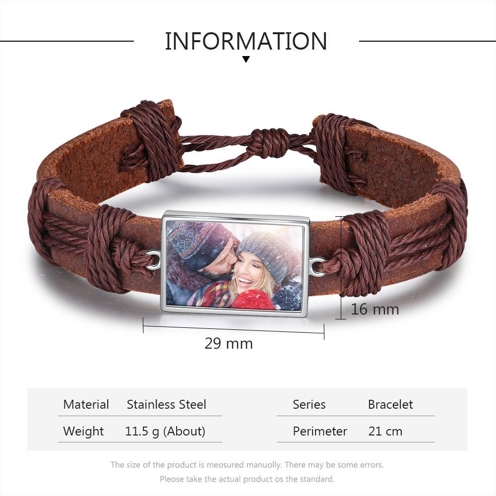 Bracelet Photo Personnalisée Cuir Tressé pour Couple Noeud Coulissant
