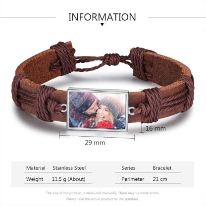 Bracelet Photo Personnalisée Cuir Tressé pour Couple Noeud Coulissant