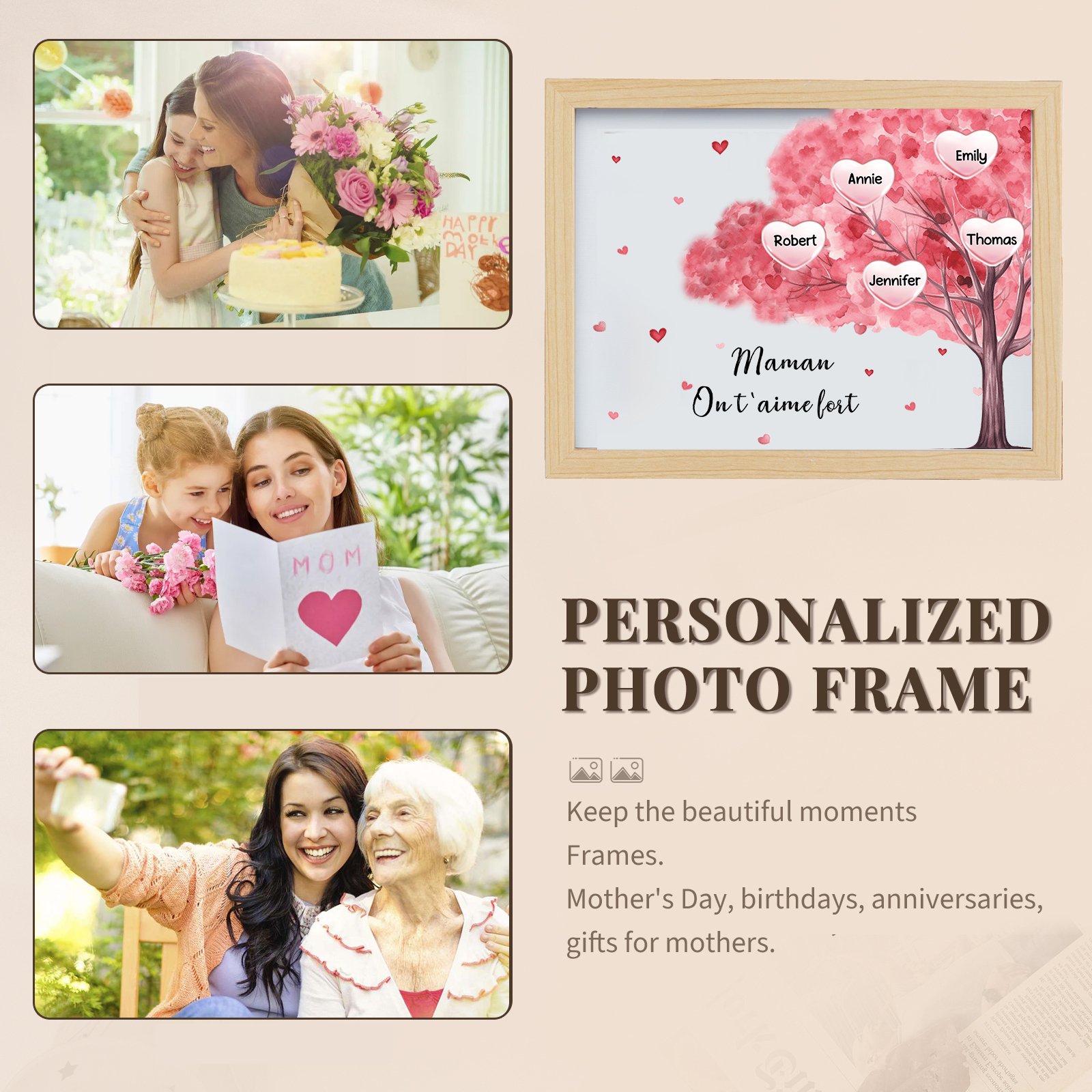 Cadre Photo LED Arbre 5 Prénoms Personnalisés avec 1 Texte Décoration Famille