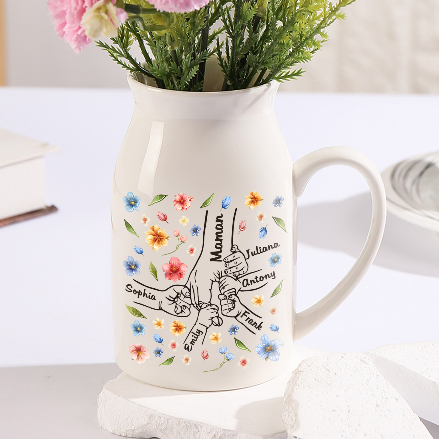 Vase à Fleurs la main dans la main 6 Prénoms Personnalisés Décoration de la Maison