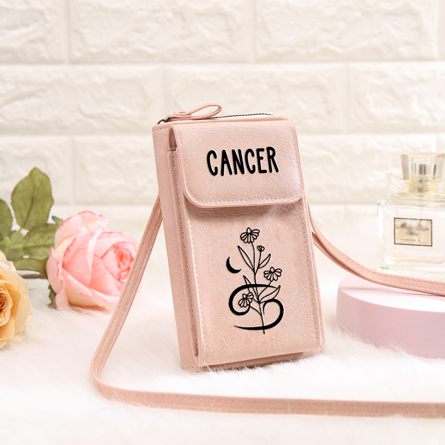 Portefeuille/Sac Bandoulière Femmes 1 Prénom Personnalisés avec Constellations et Fleur de Naissance Porte-Monnaie Carte