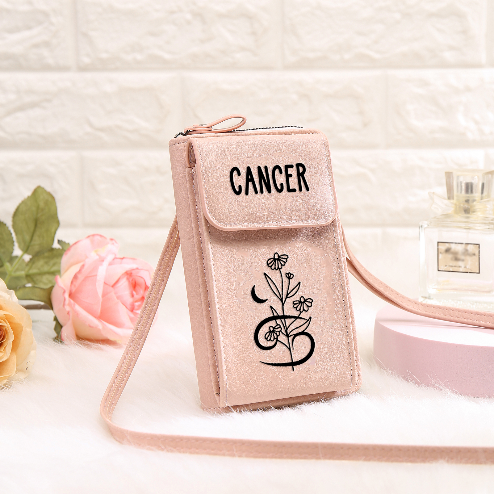 Portefeuille/Sac Bandoulière Femmes 1 Prénom Personnalisés avec Constellations et Fleur de Naissance Porte-Monnaie Carte