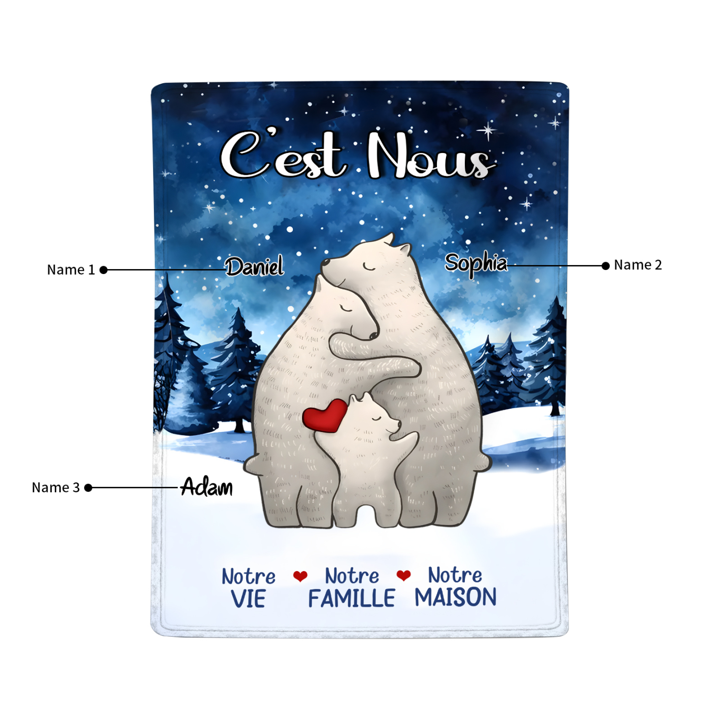 Couverture Plaids Polaire ours 3 Prénoms Personnalisés Cadeau pour Famille | Jessemade