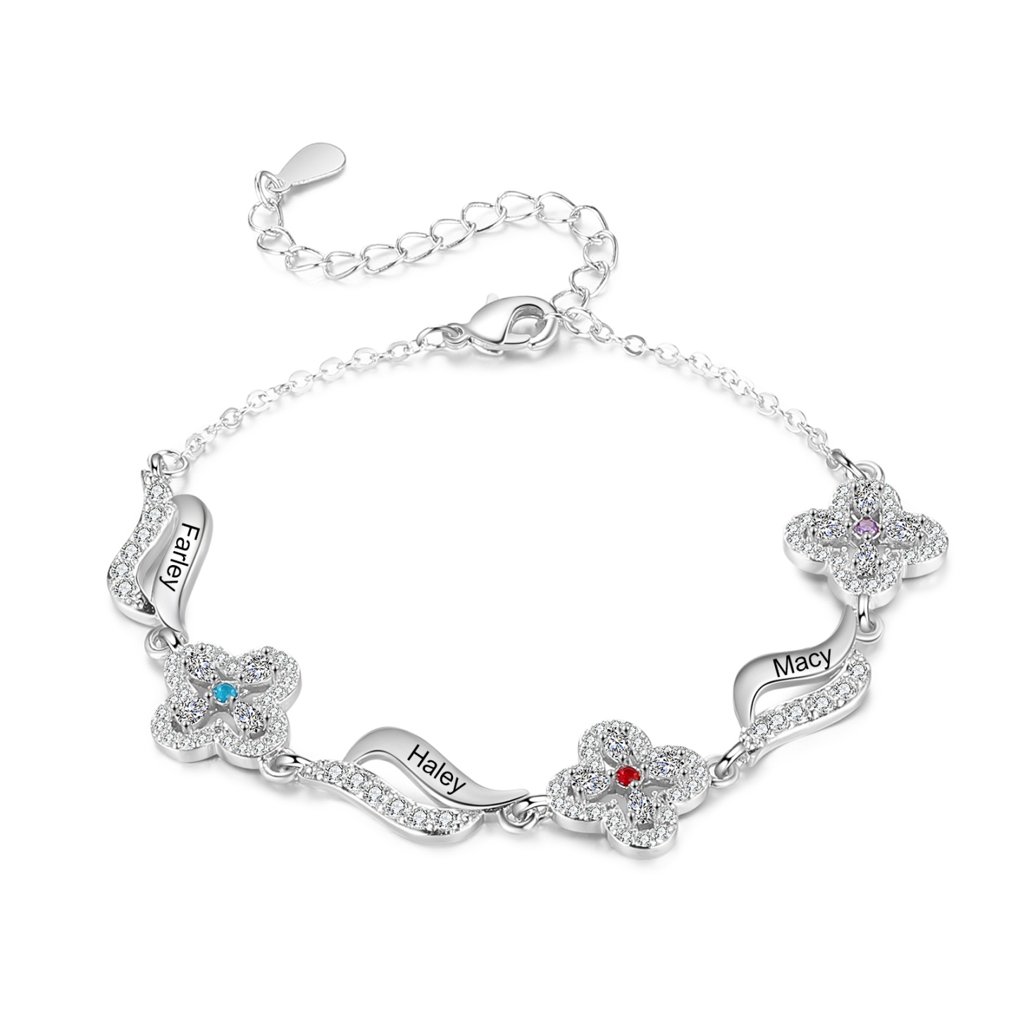 Bracelet Fleurs 3 Prénoms Personnalisés avec 3 Pierres de Naissance pour Femme | Jessemade