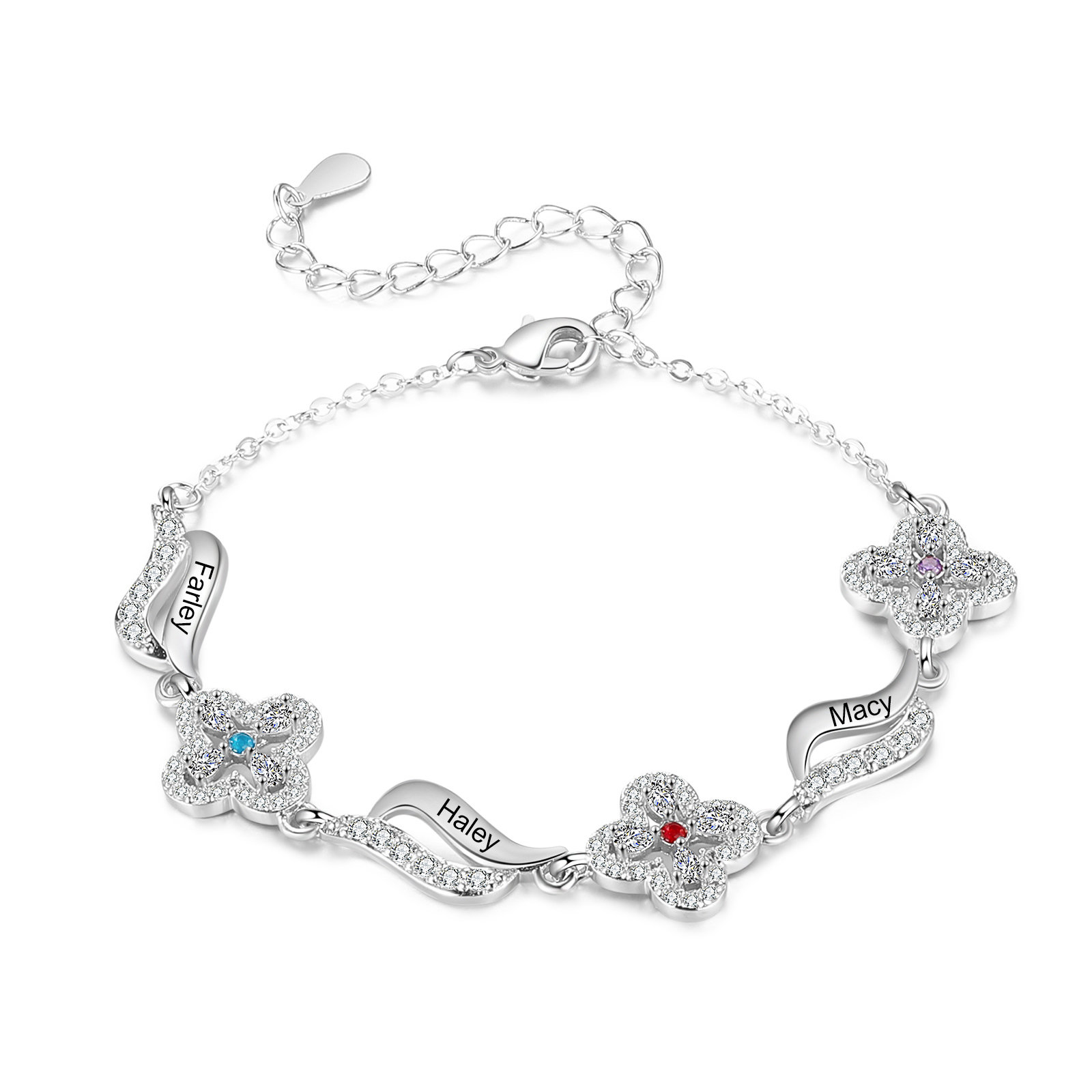 Bracelet Fleurs 3 Prénoms Personnalisés avec 3 Pierres de Naissance pour Femme | Jessemade