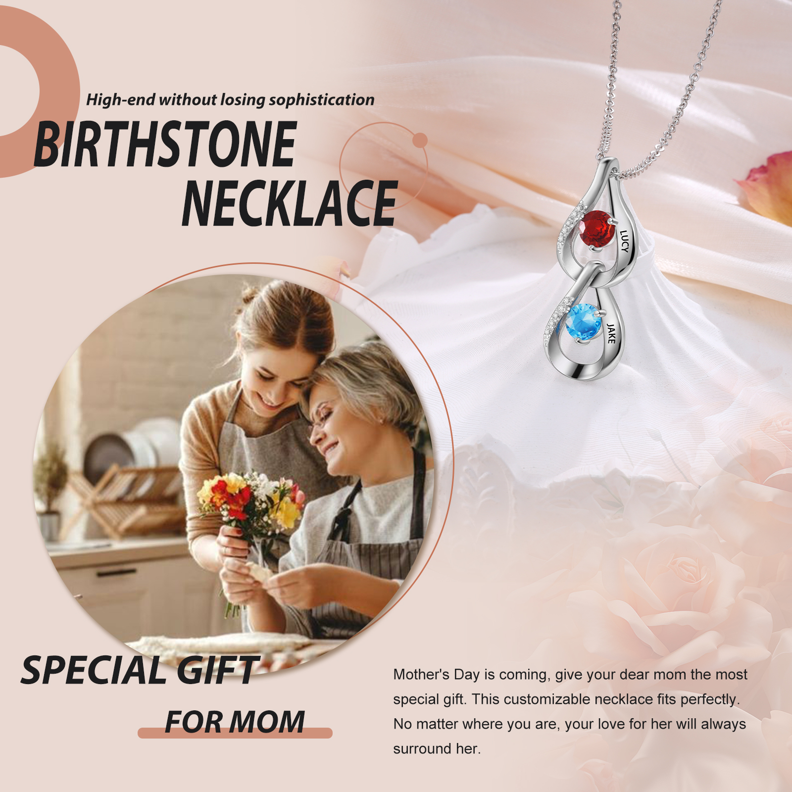 Collier Pendentif Goutte d'eau 2 Prénoms Personnalisés avec Pierres de naissance