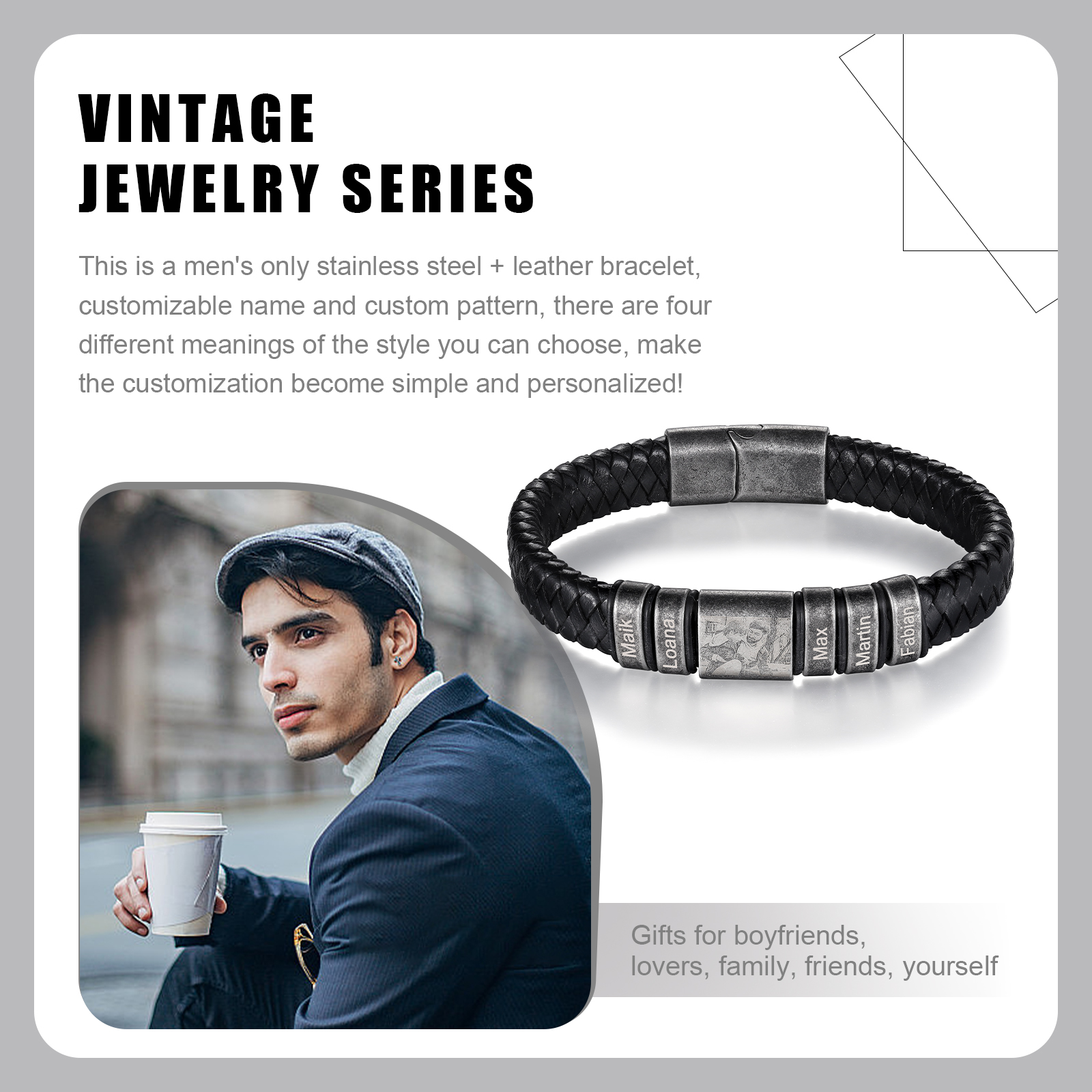 Bracelet Homme 5 Prénoms Personnalisés avec Photo