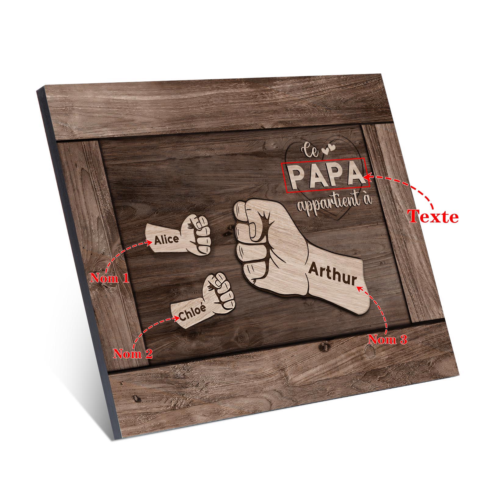 À Mon Papa/Papy-Cadre Imprimé en Bois Poings 3 Prénoms Personnalisés avec Texte