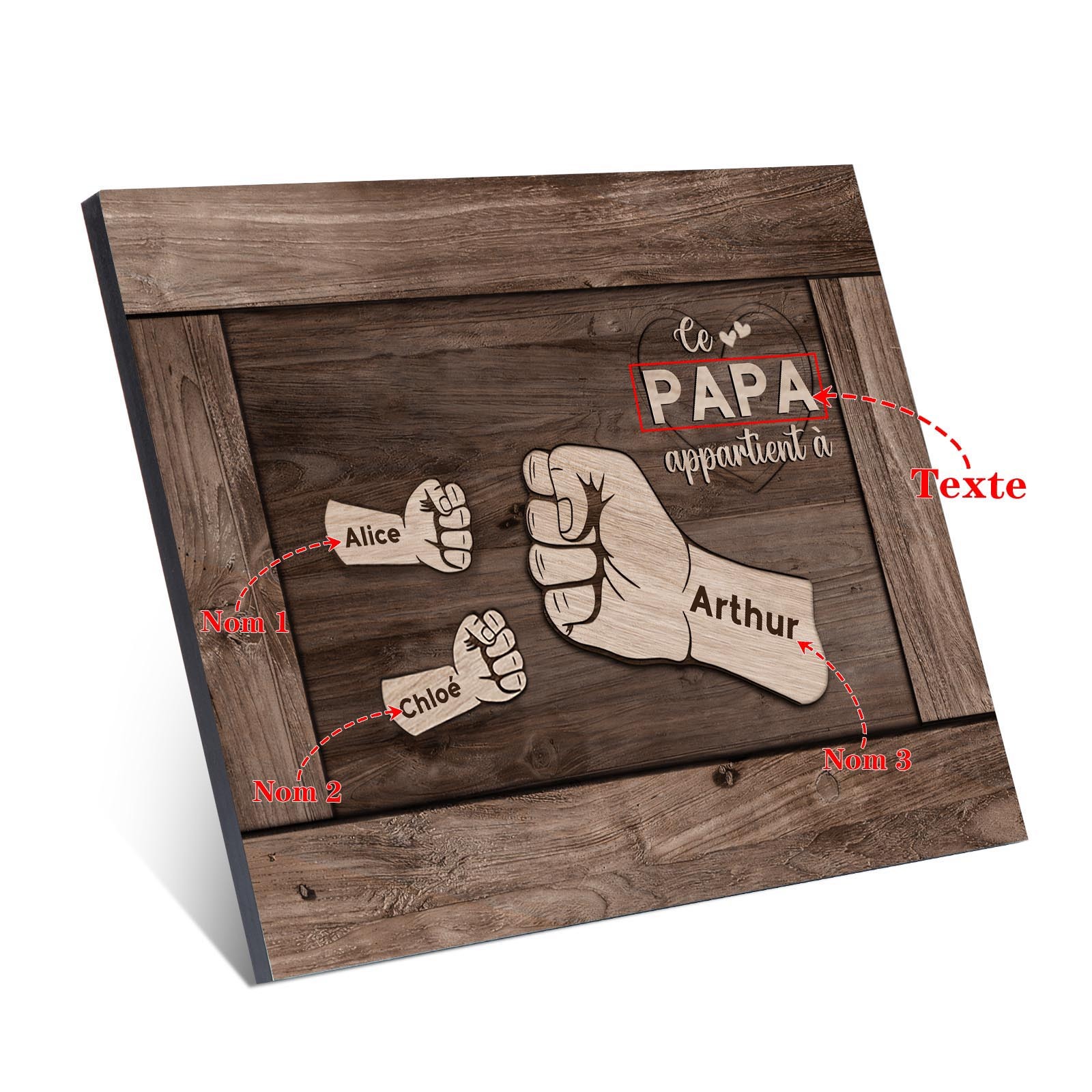 À Mon Papa/Papy-Cadre Imprimé en Bois Poings 3 Prénoms Personnalisés avec Texte
