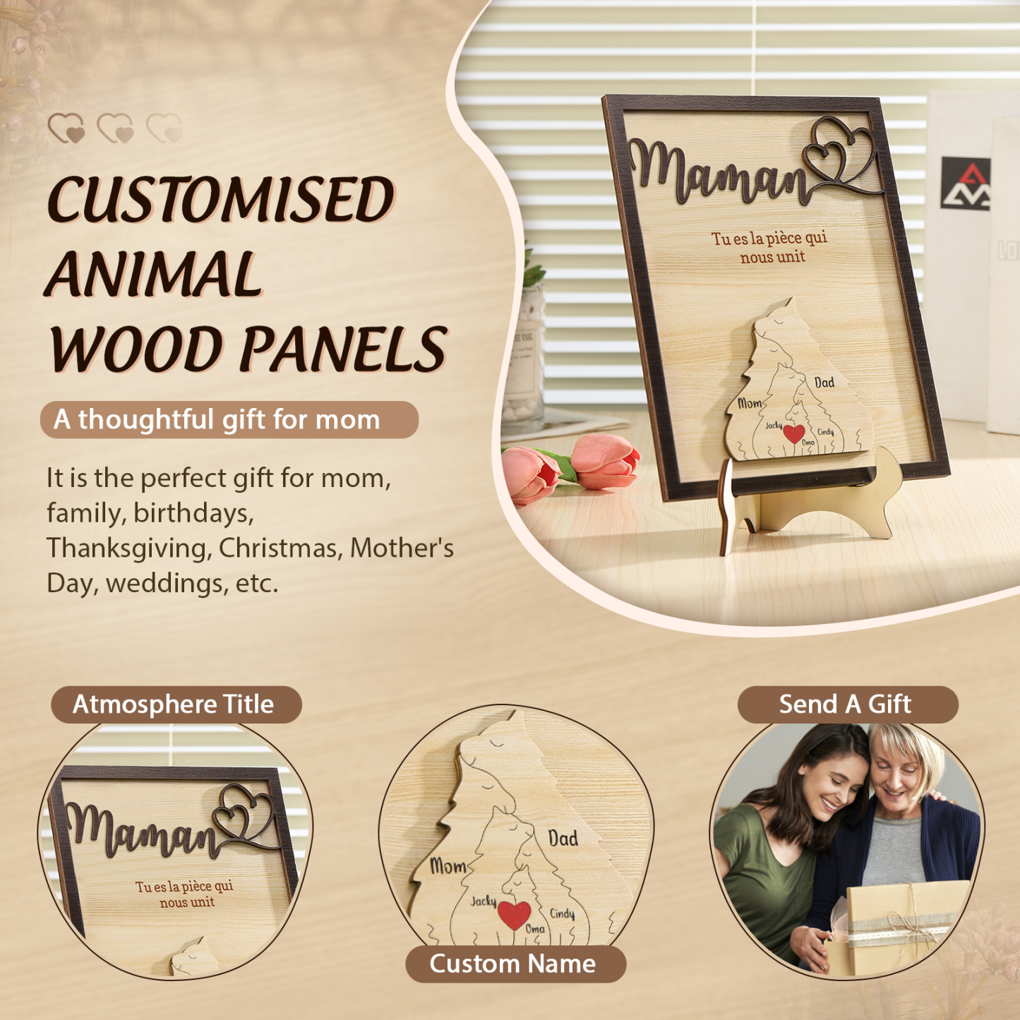 À ma Maman - Décoration en bois Renard 5 Prénoms Personnalisés Ornement pour Famille