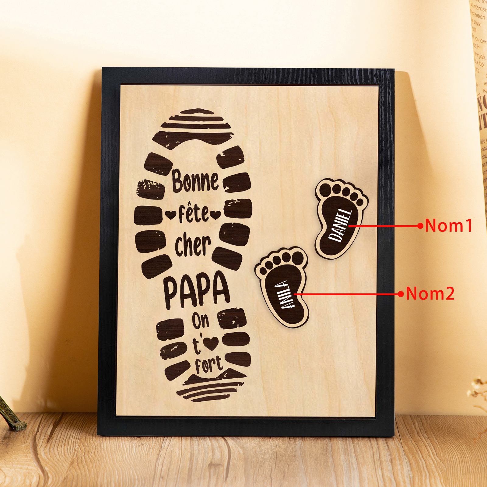 À Mon Papa-Cadre en Bois Pieds Bébé 2 Prénoms Personnalisés