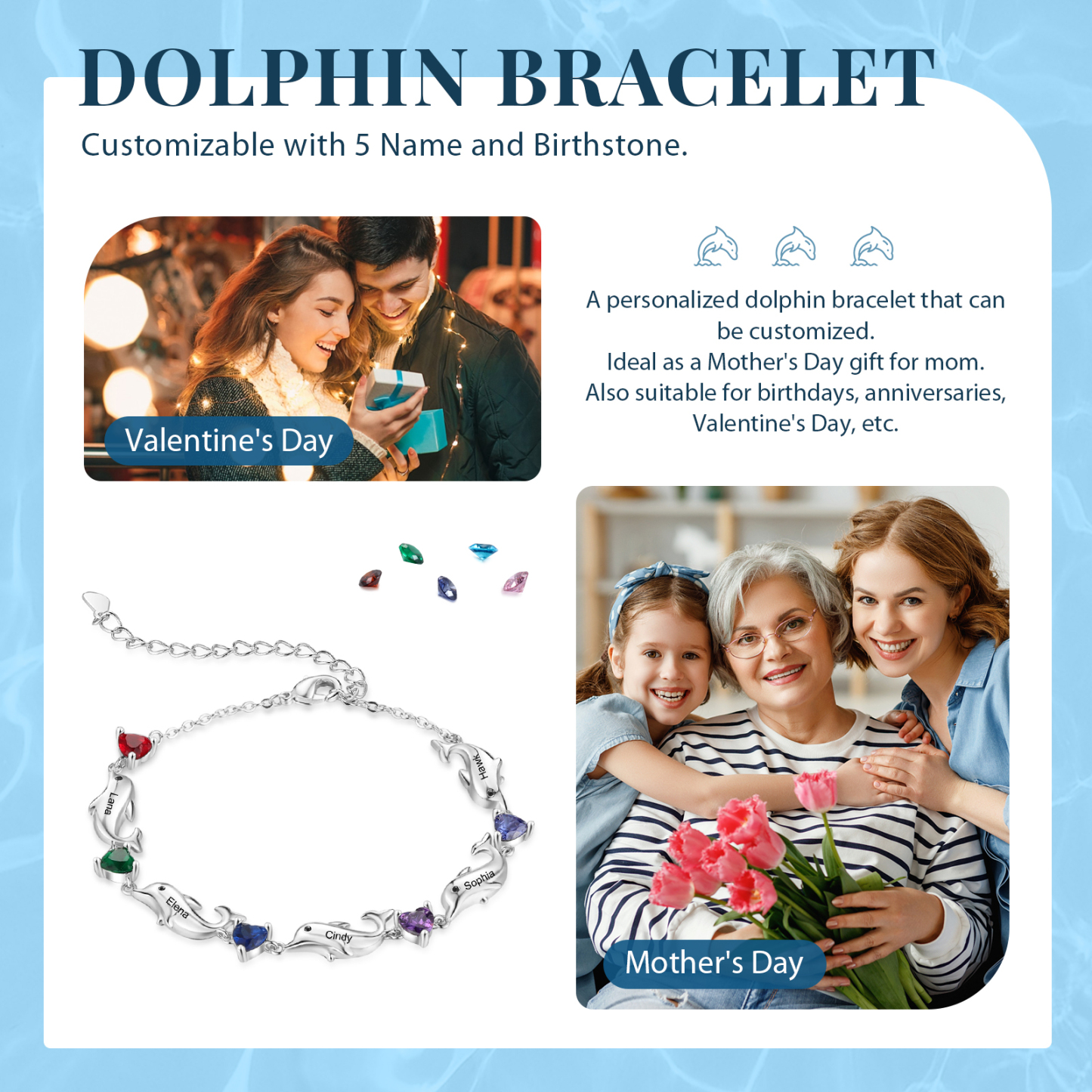 Bracelet dauphin 5 Prénoms Personnalisé avec 5 Pierres de Naissance