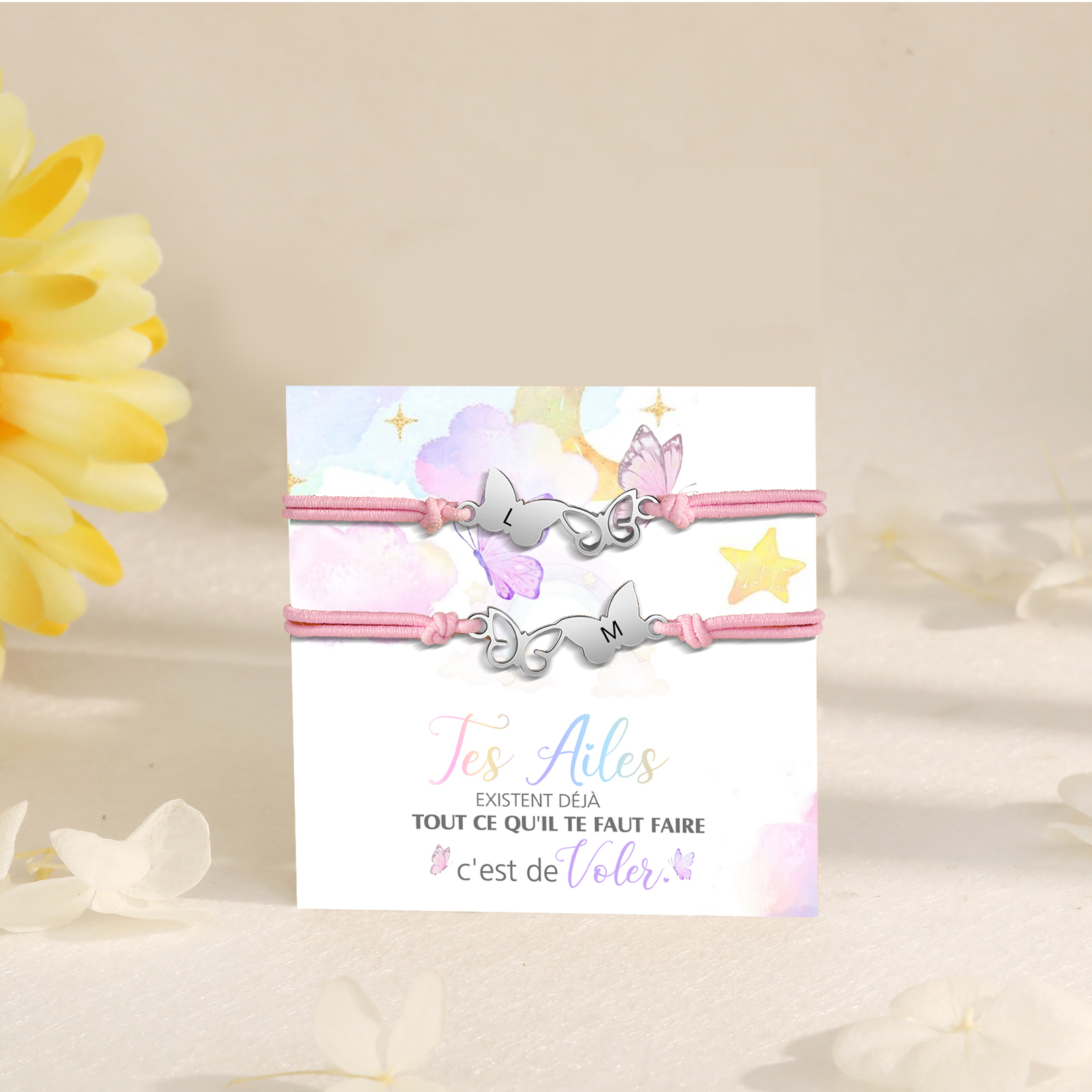 2PCS Ensemble de Bracelets Papillons 2 Lettres Personnalisées Corde élastiques - Cadeau Rentrée Scolaire