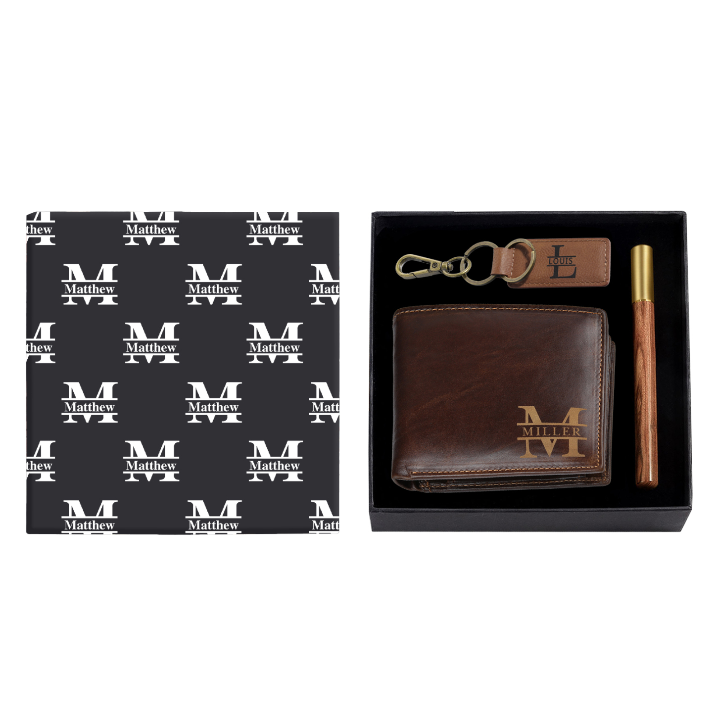 Coffret Cadeau 3PCS - Portefeuille classique Porte-Clés et Stylo 3 Prénoms et 3 Lettres Personnalisés avec 2 Textes Coffret Cadeau pour Homme