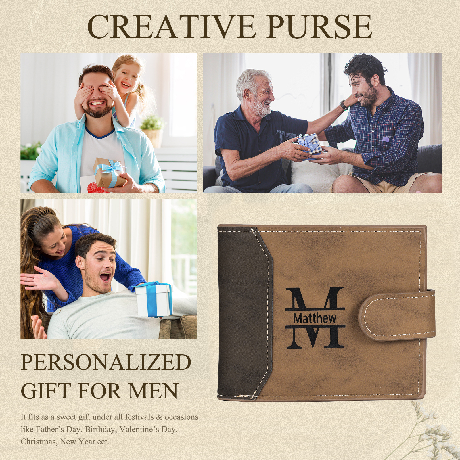 Coffret Cadeau 3PCS - Portefeuille classique Porte-Clés et Stylo 1 Prénom et Lettre Personnalisés avec 2 Textes et 2 Photos Coffret Cadeau pour Homme