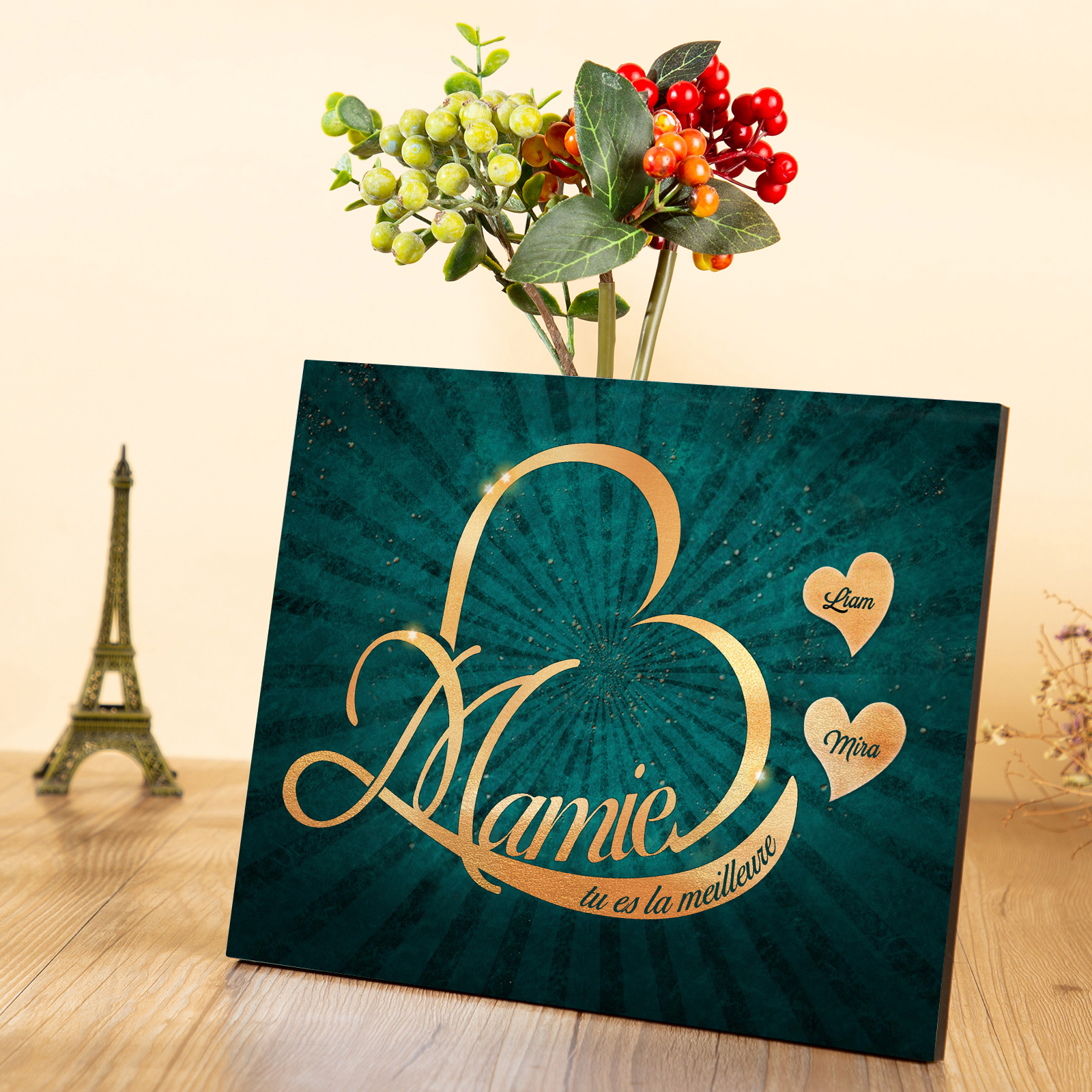 À ma Mamie - Cadre en Bois Cœur 1-6 Prénoms Personnalisés