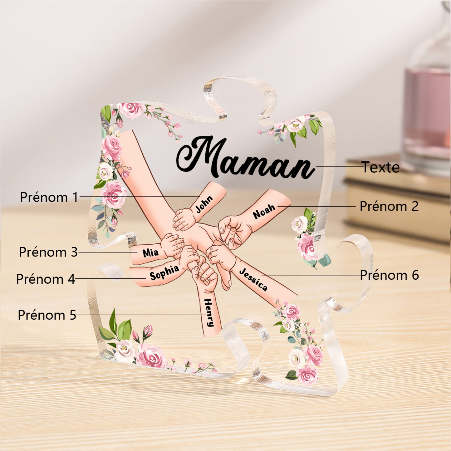 Plaque Acrylique en forme de Puzzle la main dans la main 6 Prénoms et 1 Texte Personnalisés