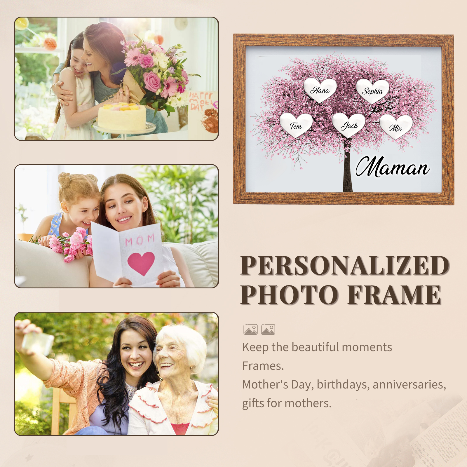 Cadre Photo LED Arbre de Vie 5 Prénoms et 1 Texte Personnalisé Décoration Famille