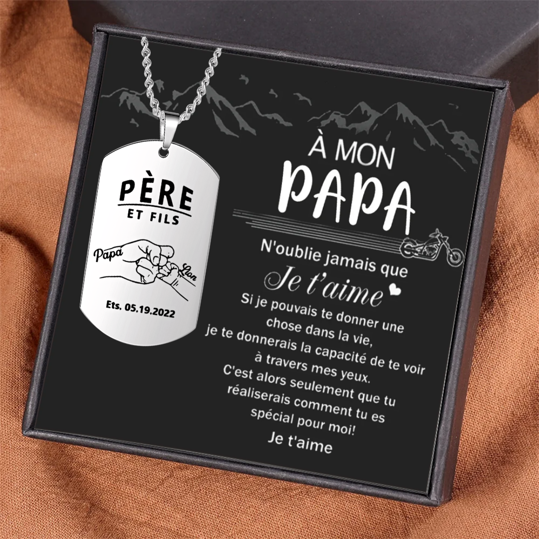 À Papa - Collier Poings 2 Prénom personnalisé avec photo et date Père et fils Collier Homme