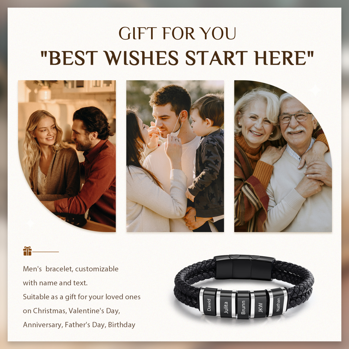 Bracelet Personnalisé en Cuir et Acier Inoxydable Personnalisé avec 5 Prénoms Bracelet Homme | Jessemade