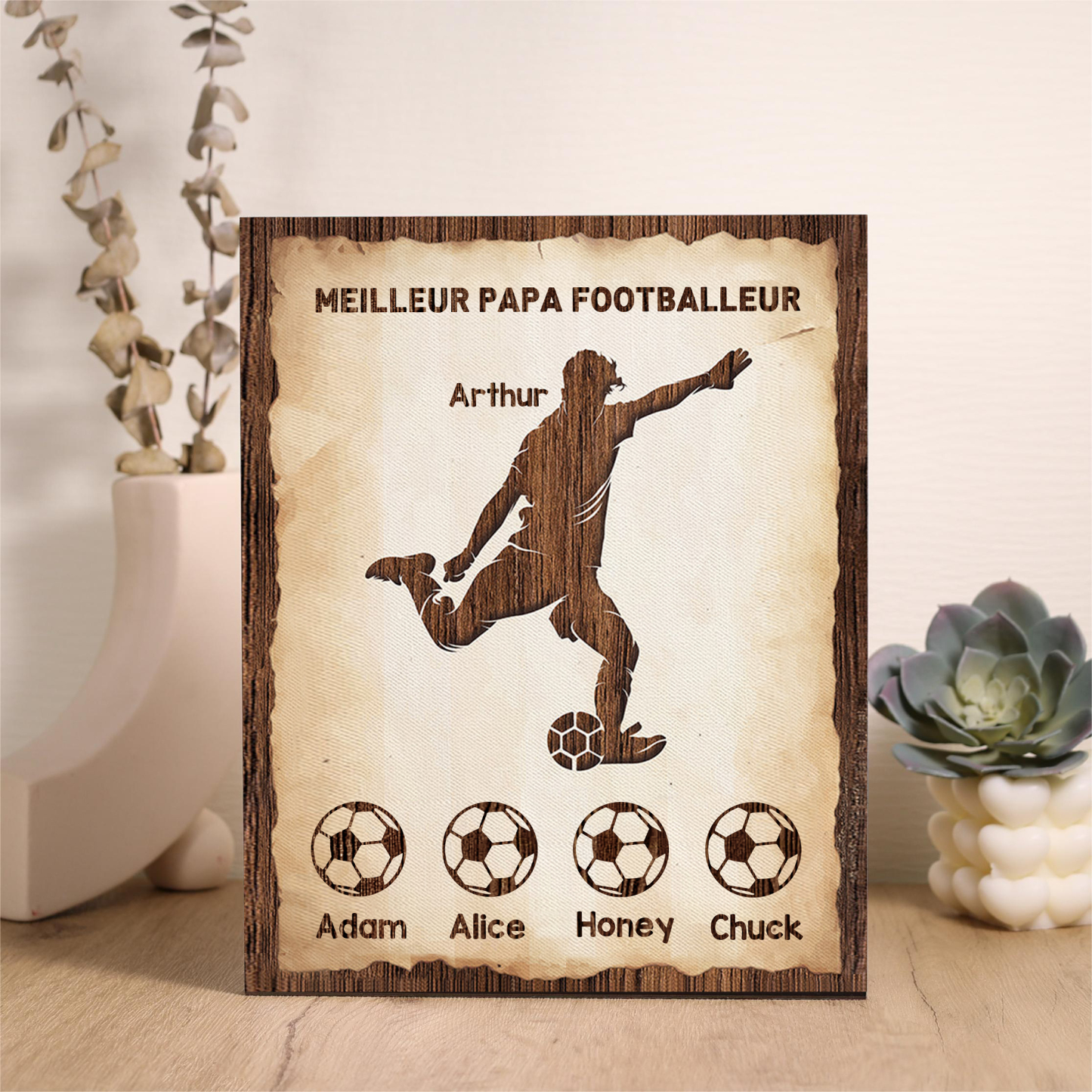 À Mon Papa-Cadre en Bois Football 5 Prénoms Personnalisés