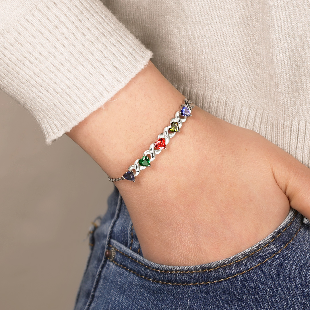 Bracelet à Breloque 2 Prénoms Personnalisé avec 2 Pierres de Naissance