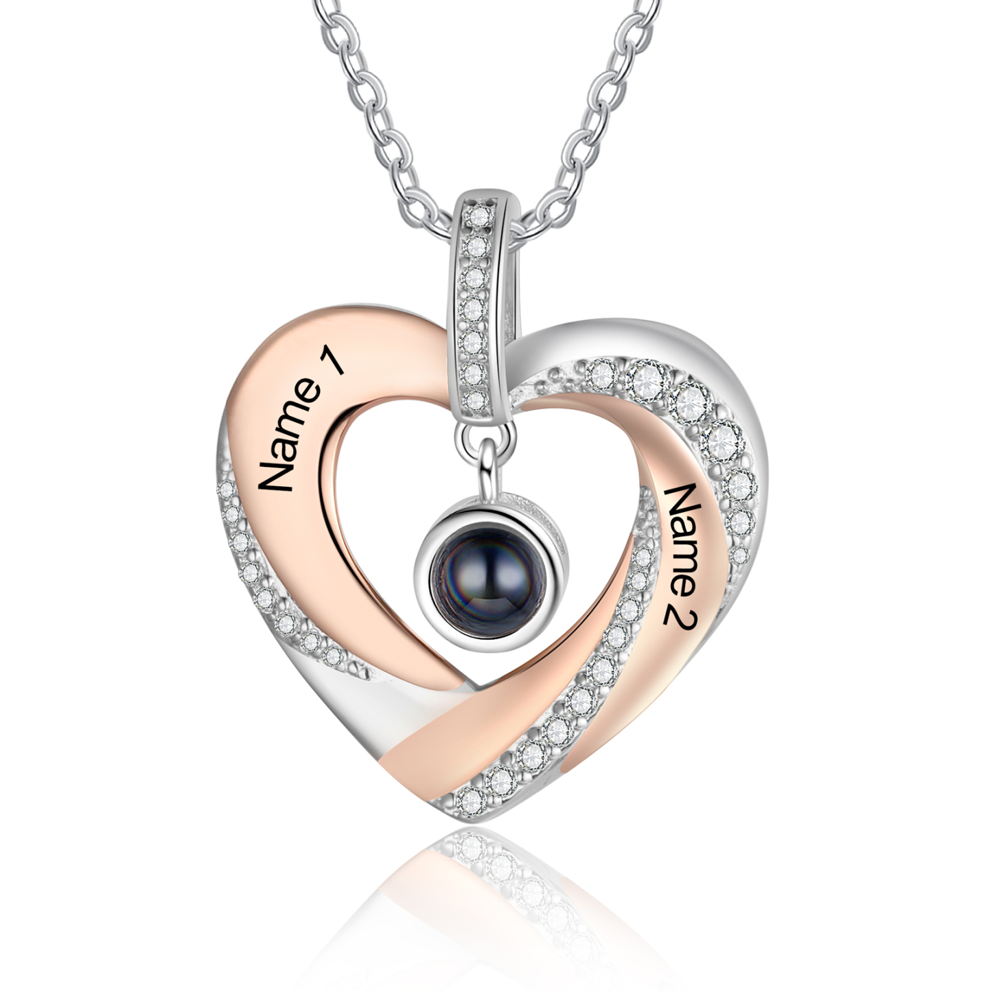Collier Cœur Projection de Pierres 2 Prénoms et 1 Photo Personnalisés