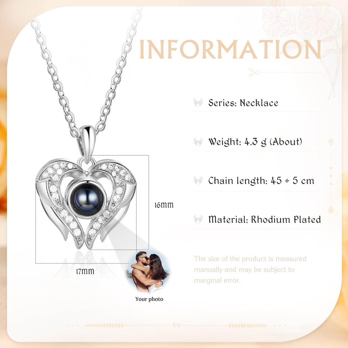 Collier Pendentif Cœur et Ailes de Projection Photo Personnalisée