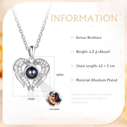 Collier Pendentif Cœur et Ailes de Projection Photo Personnalisée