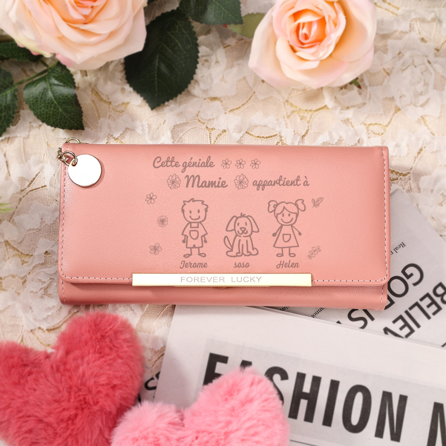À Maman 3PCS Portefeuille Long Porte-Clés et Carte 3 Prénoms et Dessins Enfant Personnalisés avec 3 Breloques Enfant | Jessemade