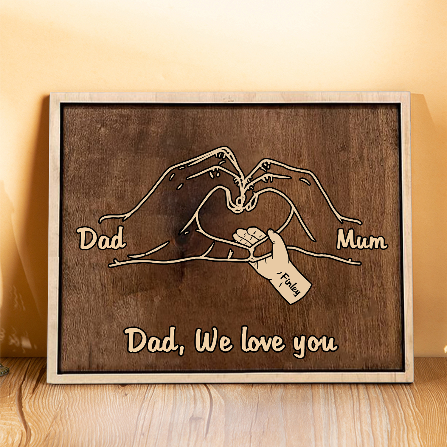 À Papi/Mamie- Cadre en Bois la Main dans la Main 3 Prénoms Personnalisés avec Texte Cadeau pour Famille