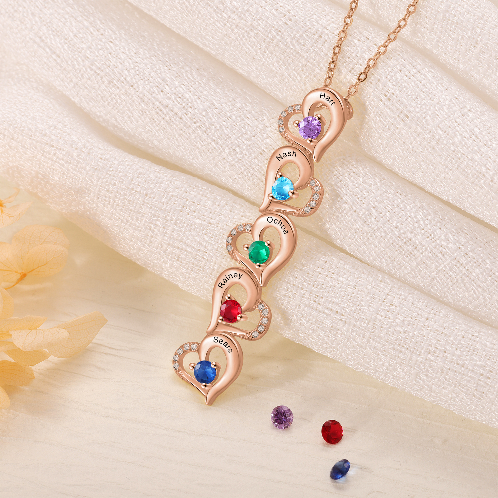 Collier Pendentif Cœur 5 Prénoms Personnalisés avec Pierre de naissance pour Femmes
