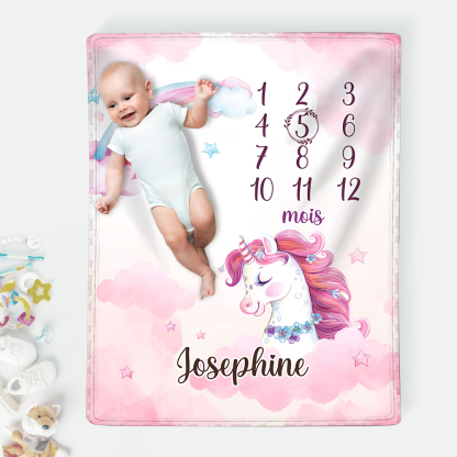 Couverture Plaids Polaire mensuelle Licorne 1 Prénom et Mois Personnalisés pour Bébé cadeau personnalise bebe 1 an | Jessemade