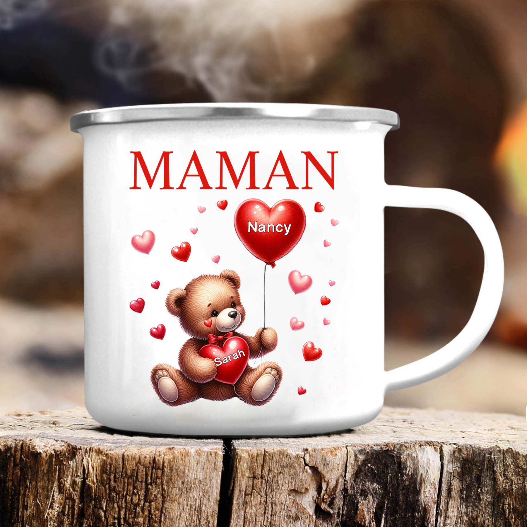 À Maman/Mamie - Tasse émaillée Ours 2 Prénoms Personnalisés