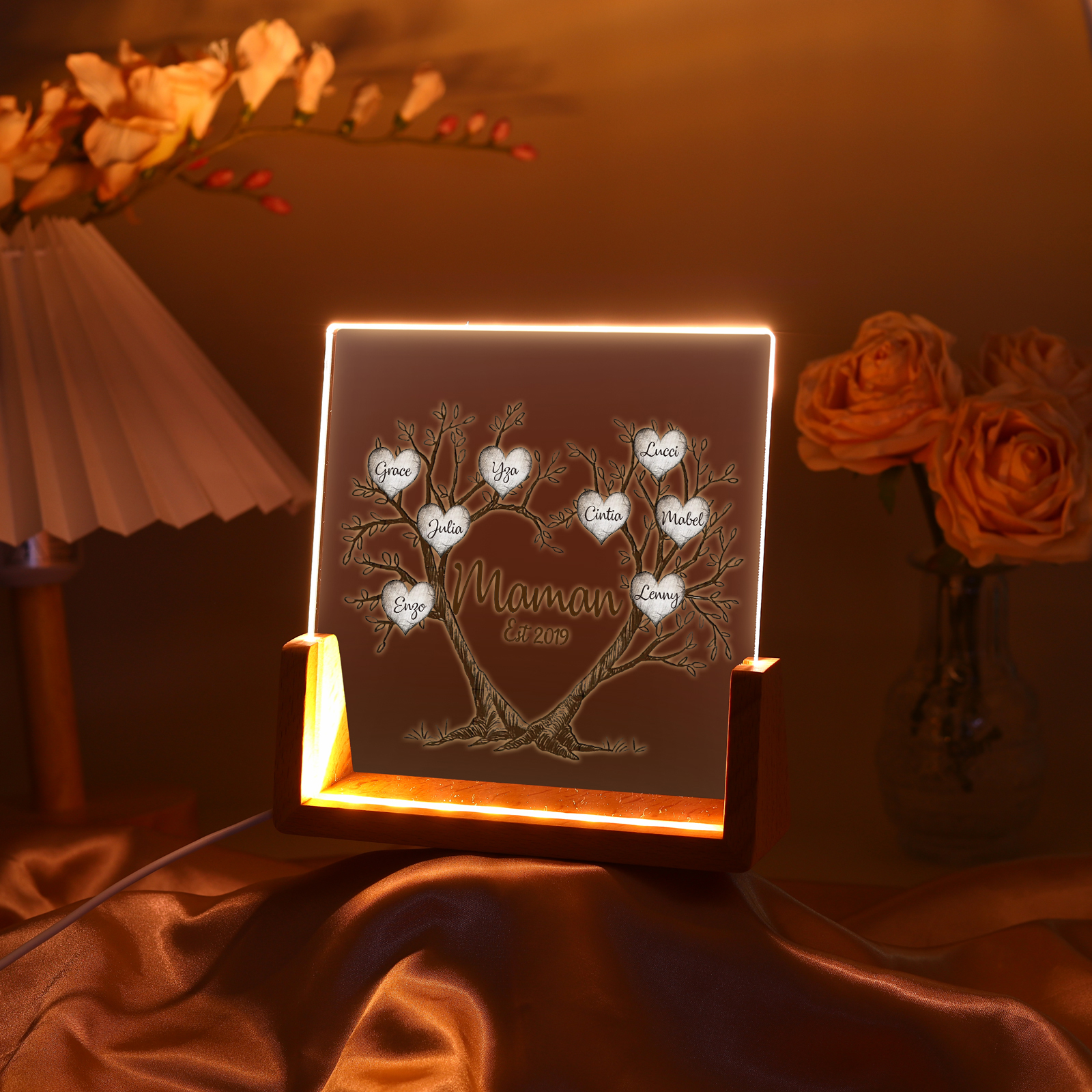 À Maman/Mamie - Lampe de chevet LED Arbre de Vie 8 Prénoms Personnalisés avec Texte et Date pour Famille