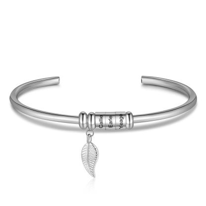 Bracelet jonc breloque feuille Bracelet Personnalisé Femme 3 prénom personnalisé｜Jessemade