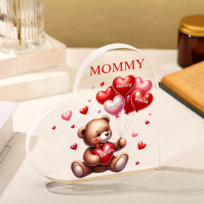 À ma Maman/Mamie - Plaque Acrylique en Forme de Cœur Ours 4 Prénoms Personnalisés avec 1 Texte