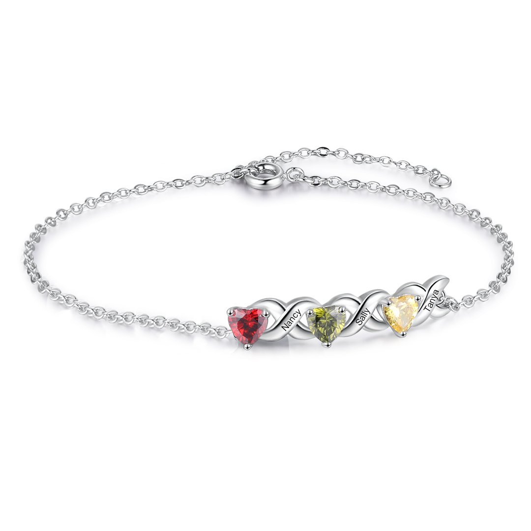 Bracelet à Breloque 3 Prénoms Personnalisé avec 3 Pierres de Naissance