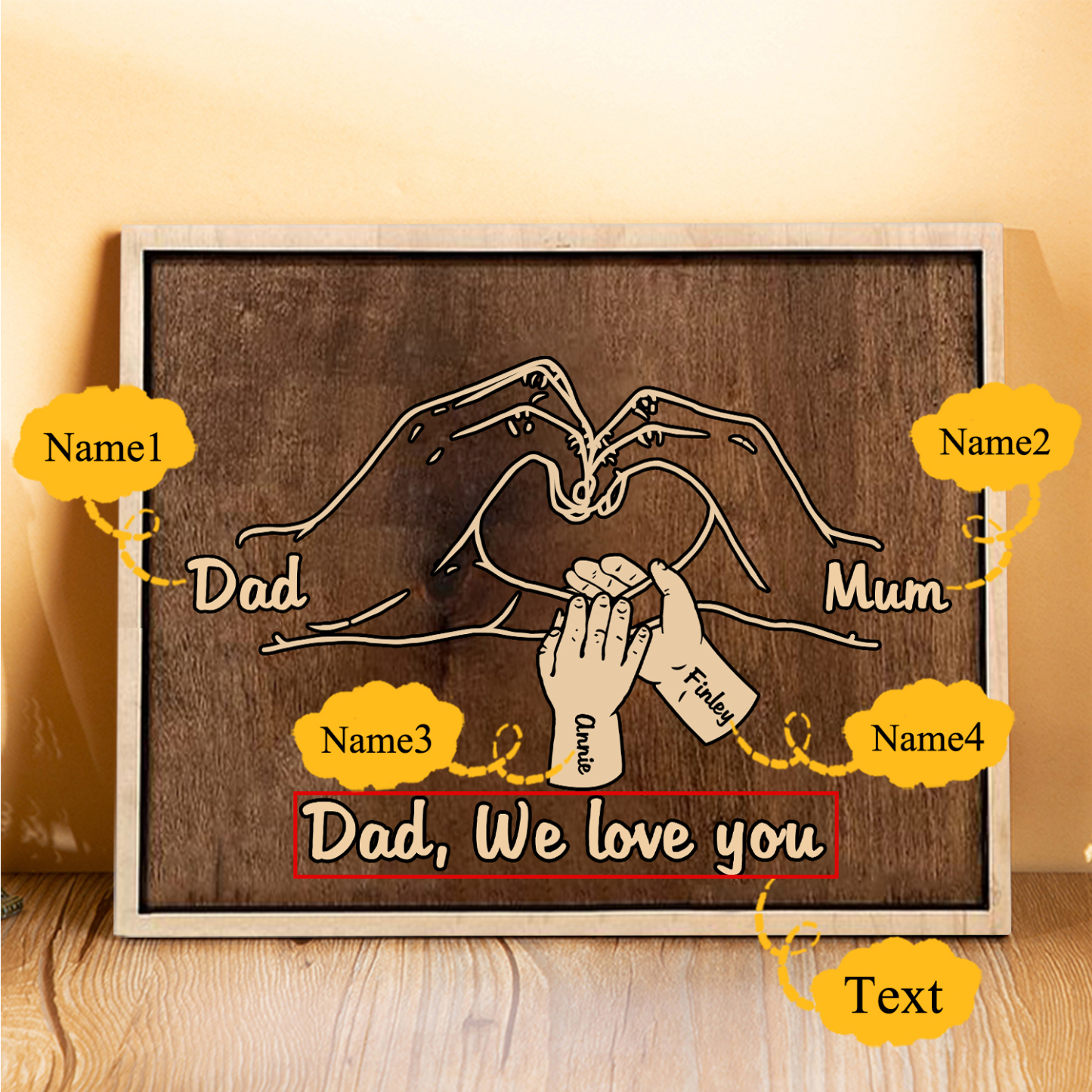 À Papi/Mamie- Cadre en Bois la Main dans la Main 4 Prénoms Personnalisés avec Texte Cadeau pour Famille