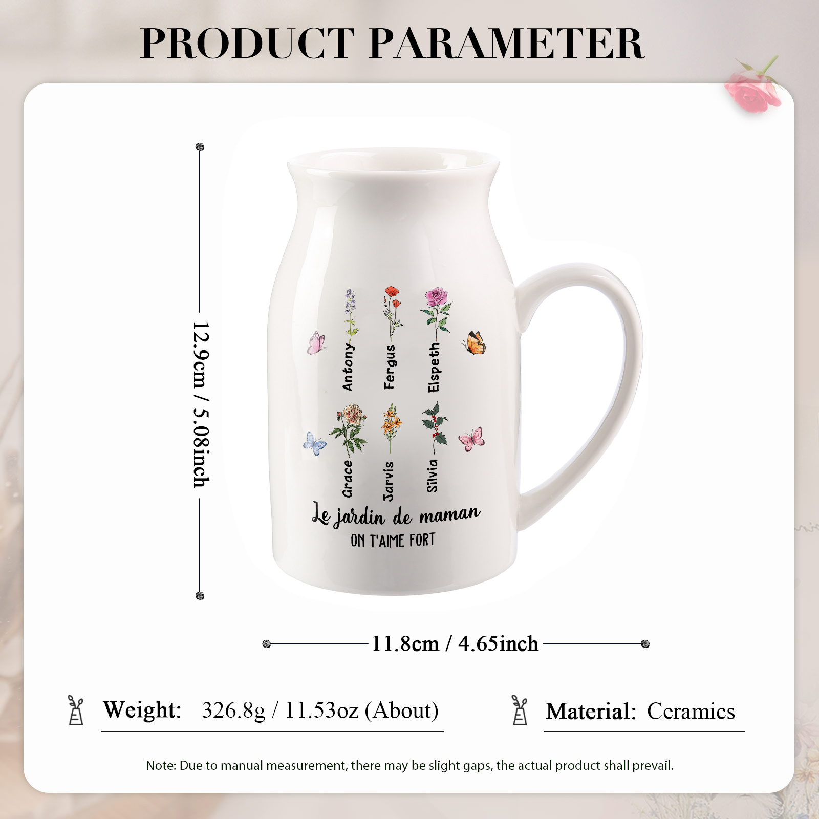 Vase à Fleurs Papillon 6 Prénoms et Fleurs de Naissance Personnalisés avec 2 Textes Décoration de la Maison